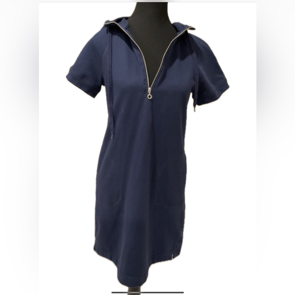 Carrie Noir Blue short sleeve hoodie dress with pockets .
